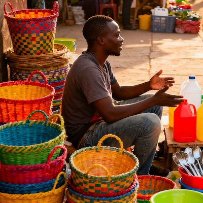 African market vendor counting money while selling fruit and goods
